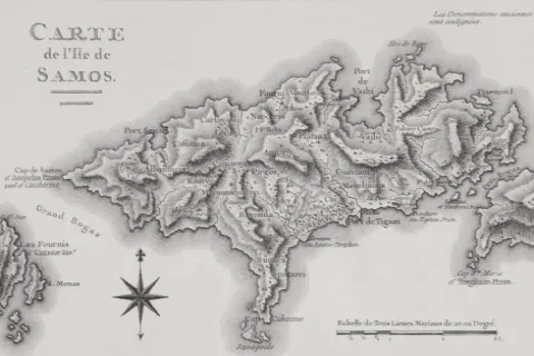 Ancient map of Samos showing ancient cities and harbors
