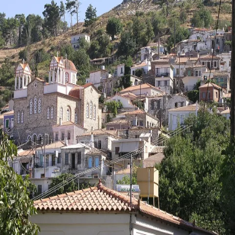 Partial view of Spatharaioi, Samos, with the church and stone houses nestled in nature.