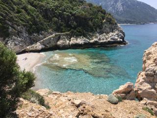 Mikro Seitani Beach in Samos with rocky shores, turquoise sea and untouched nature