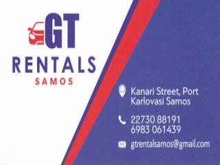 Logo und Visitenkarte von GT Rentals Samos für Autovermietung in Karlovasi auf Samos.